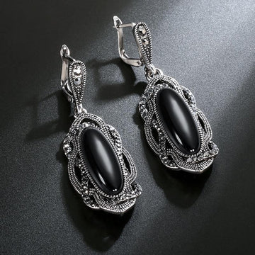 Top Quality Bohemian Black Stone Tibetan Silver Mosaic AAA Grey Crystal Oval Earrings - The Jewellery Supermarket